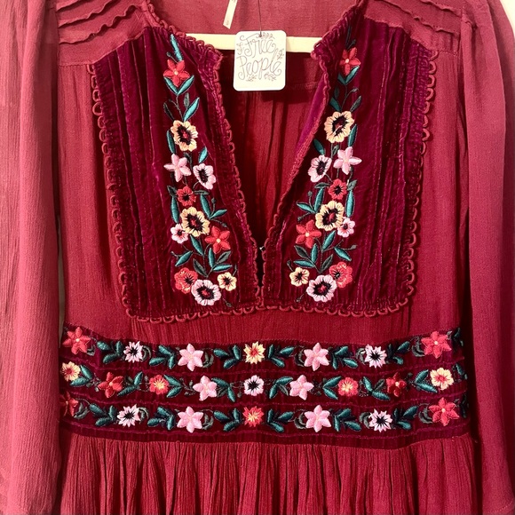 Free People Cranberry V-Neck Midi Dress with Embroidered Flowers, Size S… - Picture 3 of 7